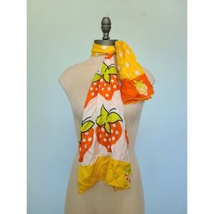 VTG 70s Echo 100% Silk Rectangle Scarf Retro Strawberry Print Polka Dot Dopamine